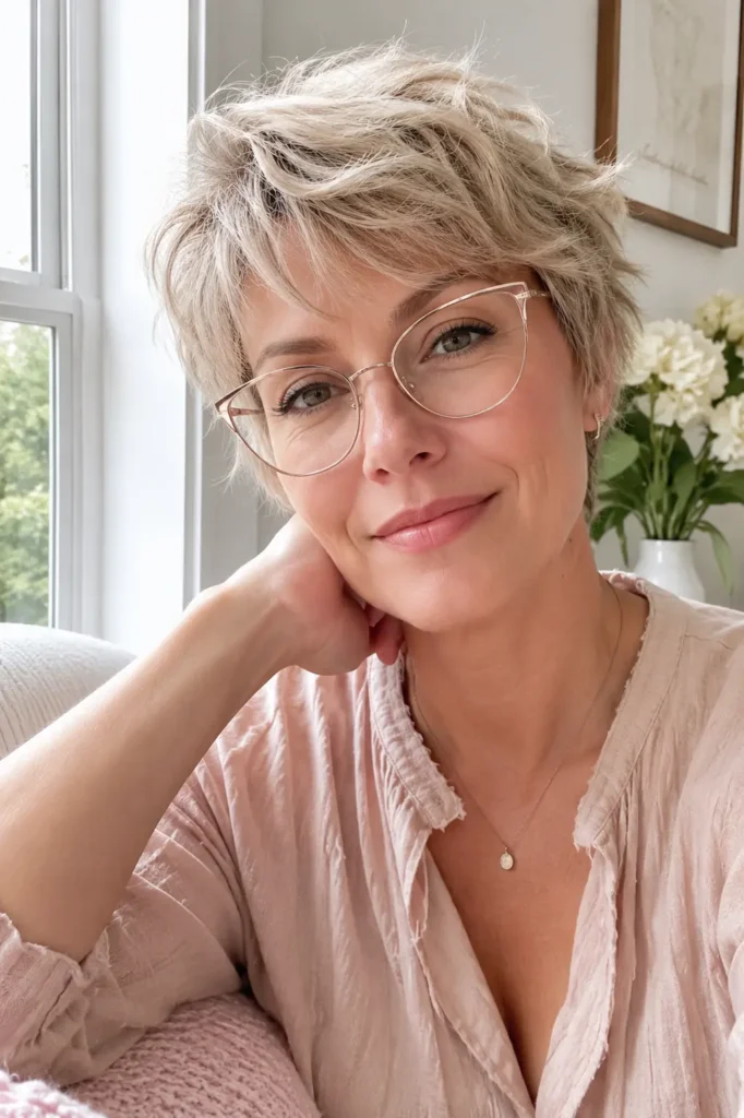 A softly lit portrait of a woman in her early 40s with a wispy ash-blonde pixie cut and feathered layers, wearing thin rose gold cat-eye glasses and a pale blush pink blouse. She rests her head gently on one hand and smiles