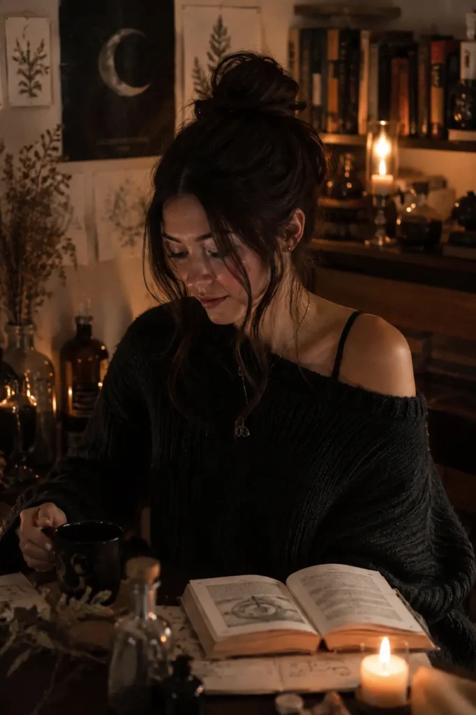 Real young woman with a messy bun hairstyle and loose face-framing tendrils, sitting in a cozy candlelit room with a witchcore aesthetic.