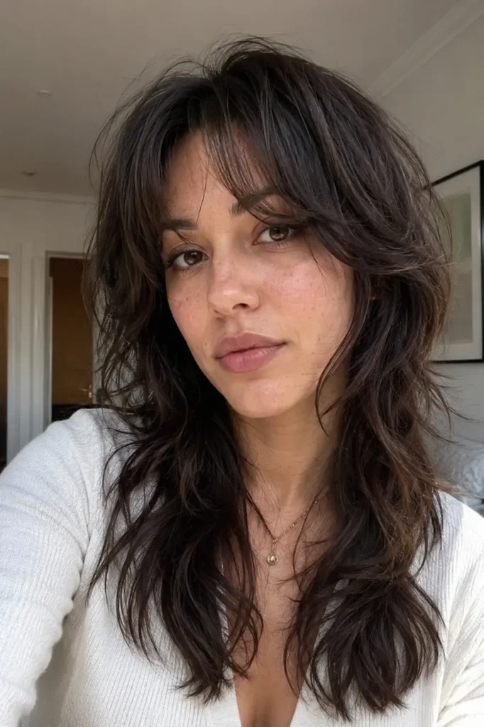 a real young woman with a trendy wolf cut hairstyle featuring soft curtain bangs, layered textured dark hair, and airy natural volume.