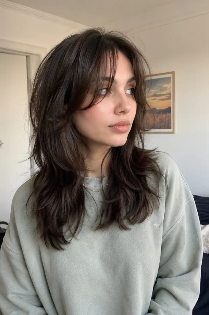 young woman with a feathered wolf cut hairstyle featuring soft face-framing layers and textured movement.
