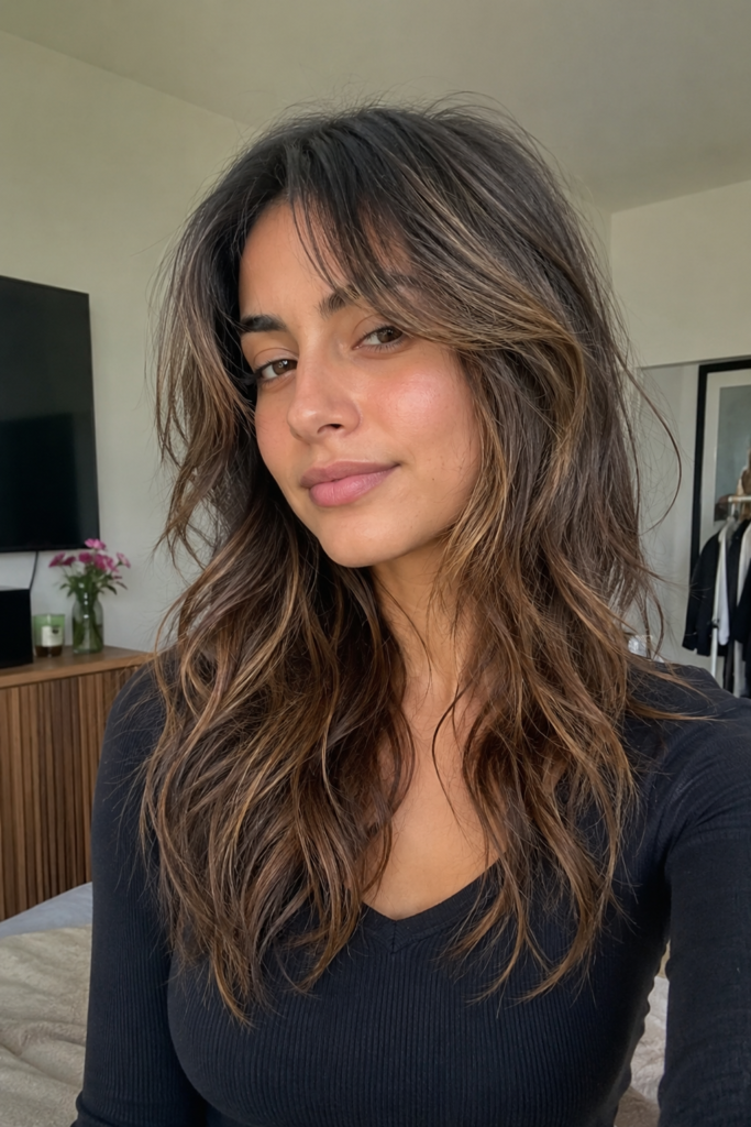 a real young woman with a caramel balayage wolf cut hairstyle featuring textured feathered layers, soft natural waves,