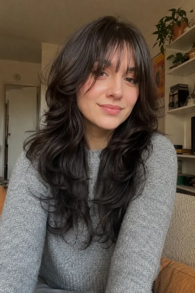 girl with a soft wolf cut hairstyle featuring wispy bangs and layered textured hair, styled with natural volume and glossy movement.