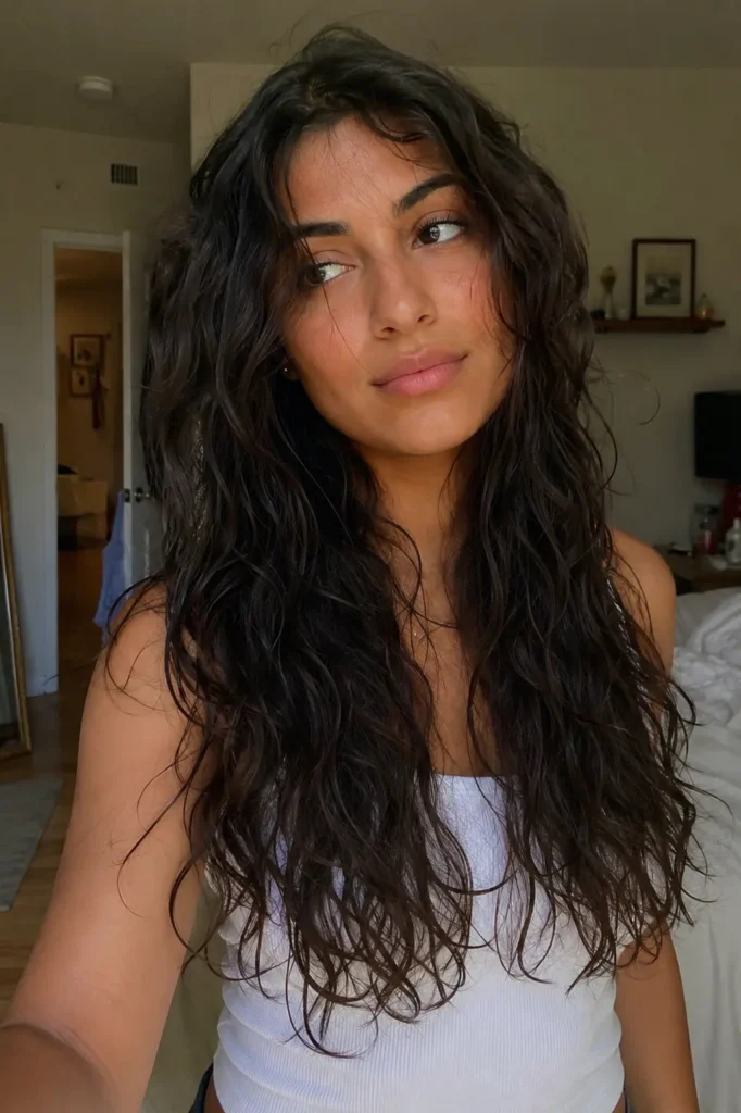 girl with naturally thick wavy hair air drying indoors, wearing a white tank top in soft natural window light.