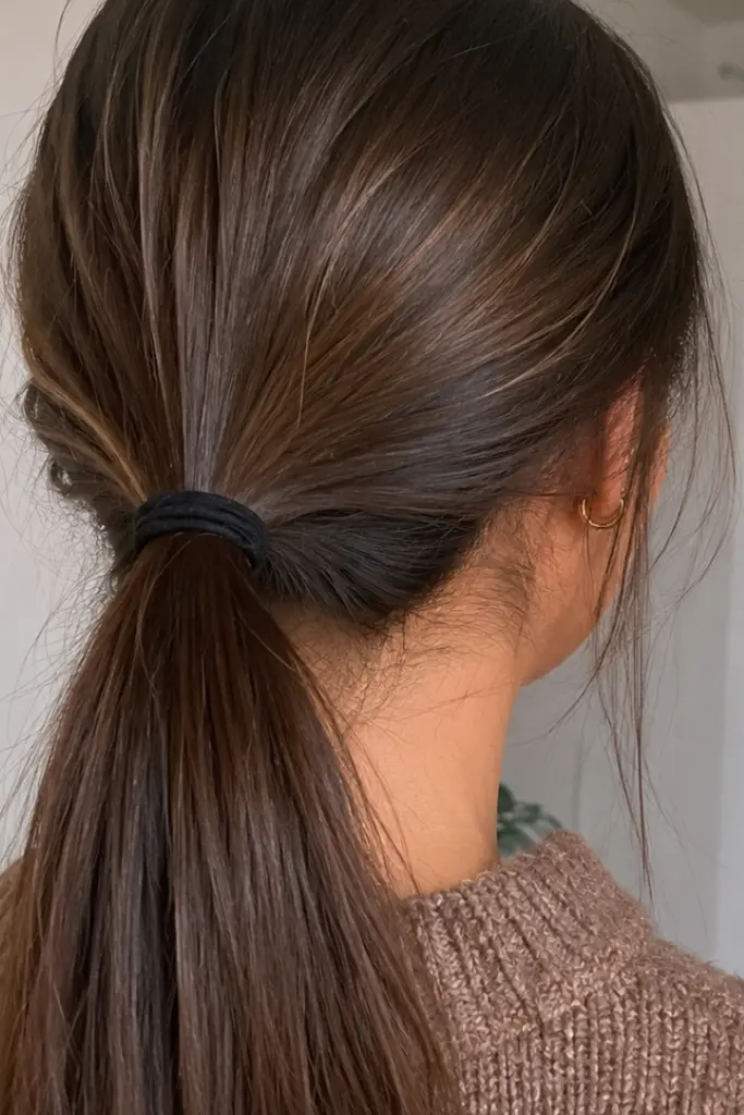  Back view of a young woman with a thick dark ponytail holding a stretched black hair tie beside her hair in a cozy home setting, captured in soft natural light with a realistic Pinterest-style aesthetic.
