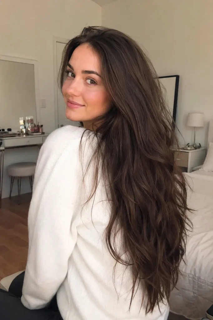 A young woman with long, naturally thick brown hair sits in a cozy bedroom, turning slightly to look back over her shoulder with a soft smile