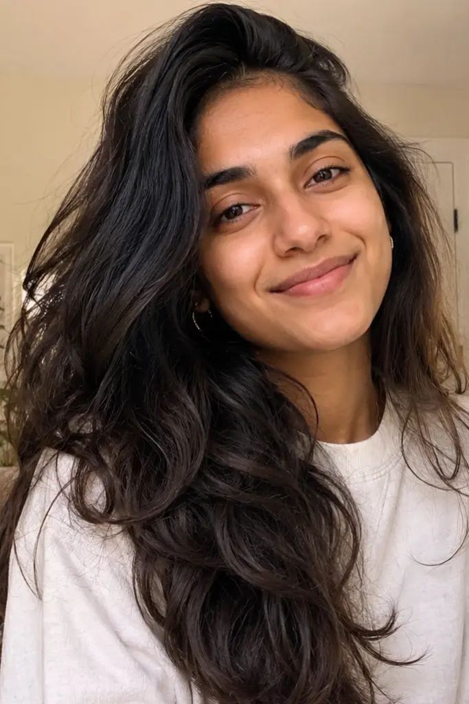 A smiling woman with naturally thick, voluminous dark hair sits in a cozy sunlit bedroom, wearing a casual cream sweatshirt