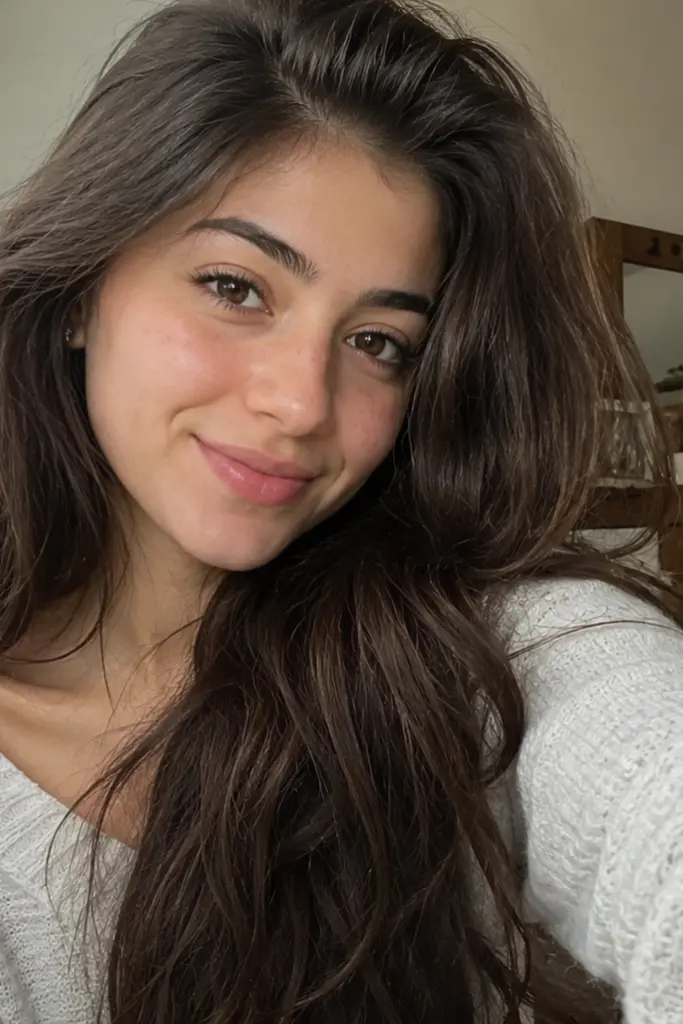 Young woman taking a cozy indoor selfie with naturally full, thick wavy hair, soft window lighting, relaxed neutral sweater, and a warm bedroom