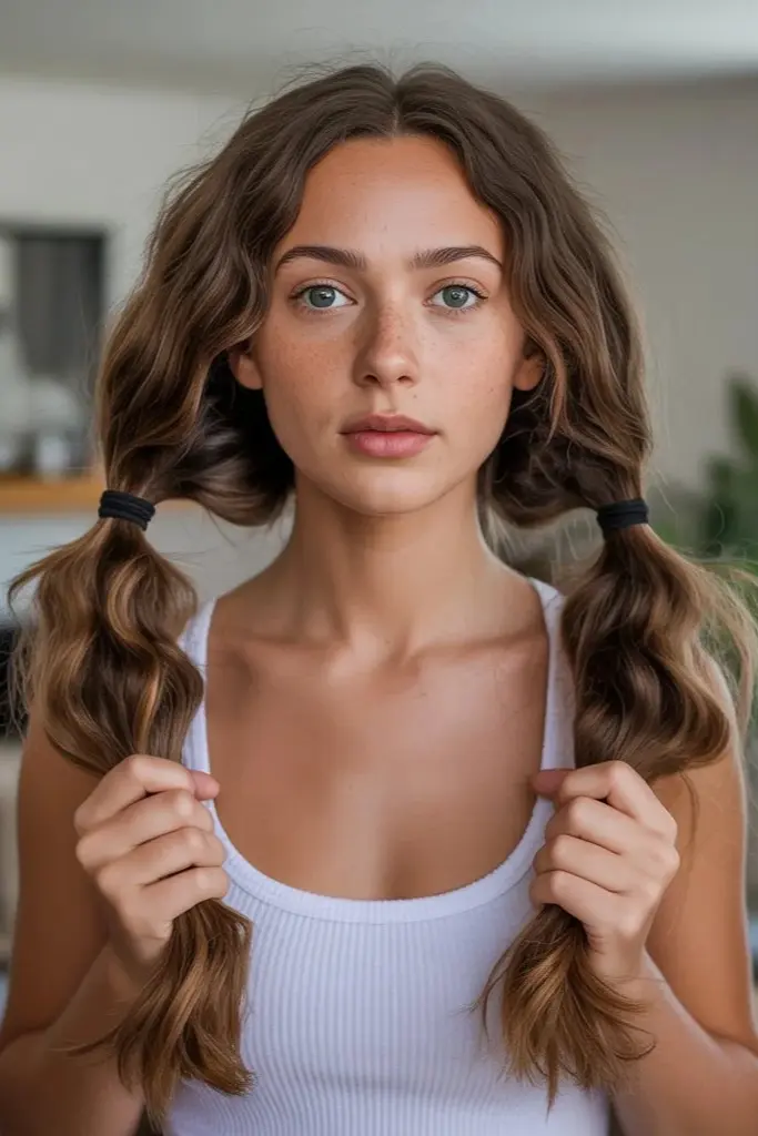 a girl  with thick double side ponytail