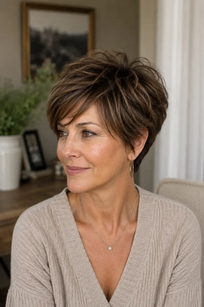 a woman over 40 with an airy brunette pixie haircut featuring lifted crown volume, soft layered movement, and dimensional balayage highlights.