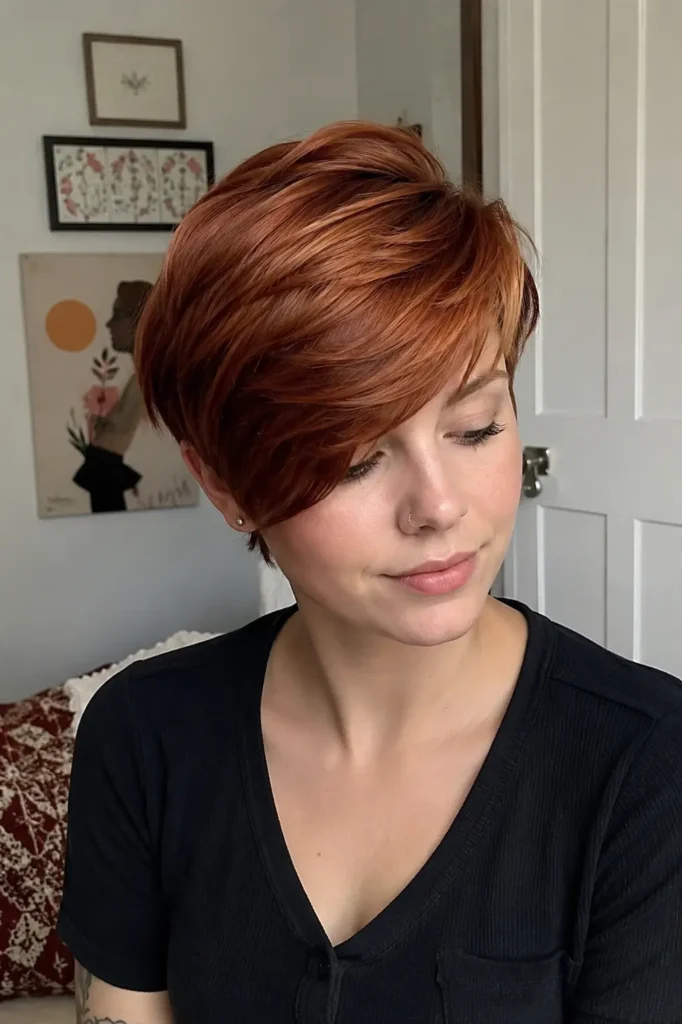 A young woman with a glossy auburn pixie haircut featuring a long sweeping fringe and warm copper tones, softly layered for natural movement and shine