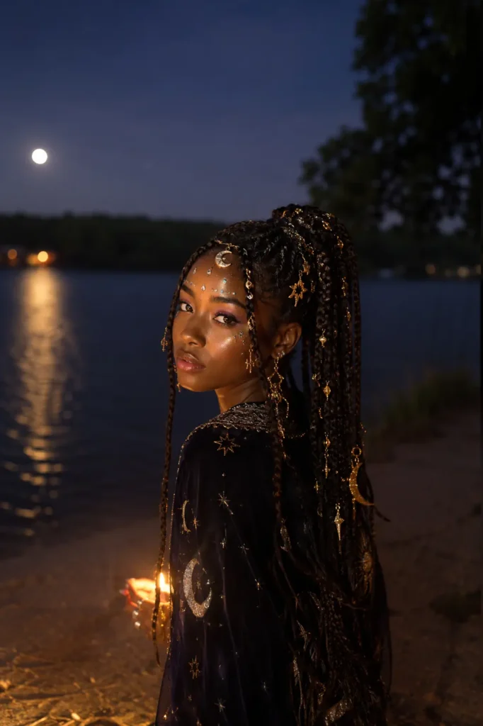 Photorealistic young girl with a braided high ponytail decorated with crystal and celestial accessories, glowing makeup, and a mystical witch-inspired outfit, standing by a moonlit lake with magical fantasy lighting and an ethereal nighttime atmosphere.