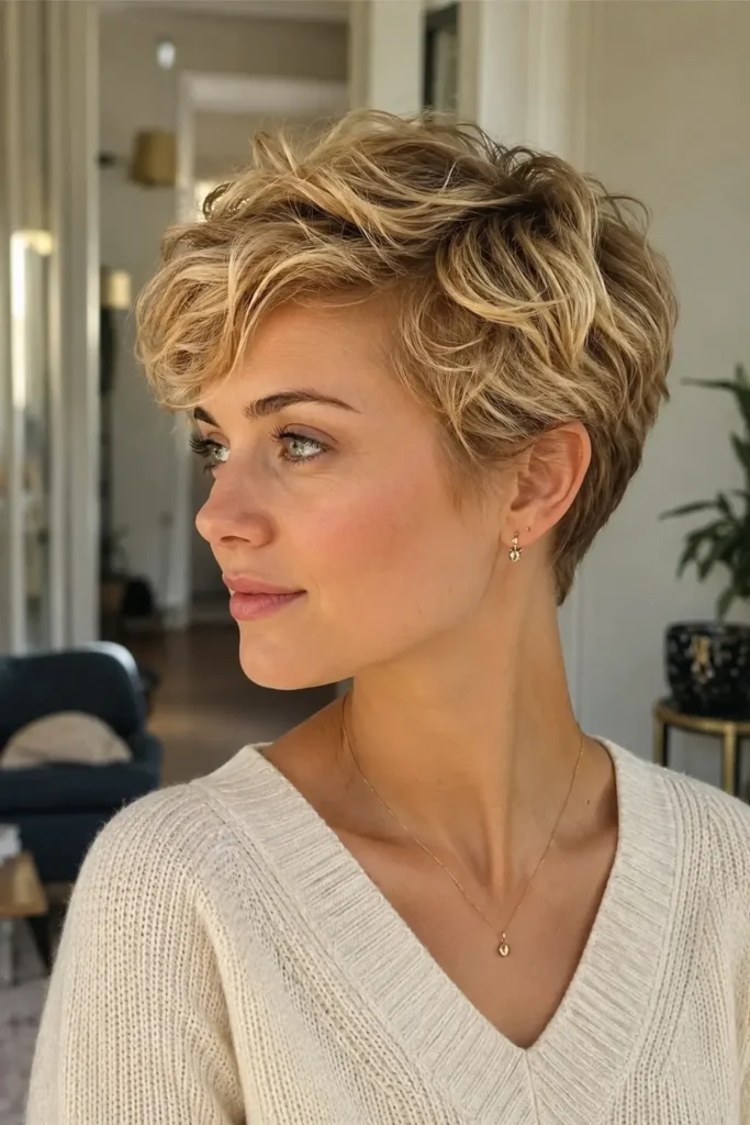young woman with a champagne blonde pixie haircut styled in soft loose waves, featuring dimensional golden blonde tones and elegant textured movement
