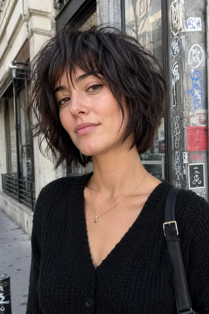 Real woman with a choppy layered bob haircut featuring textured, tousled layers and natural volume. She has realistic skin texture, soft natural makeup