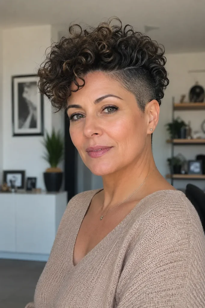 a confident woman over 40 with a curly pixie haircut and shaved sides, featuring defined natural curls on the crown