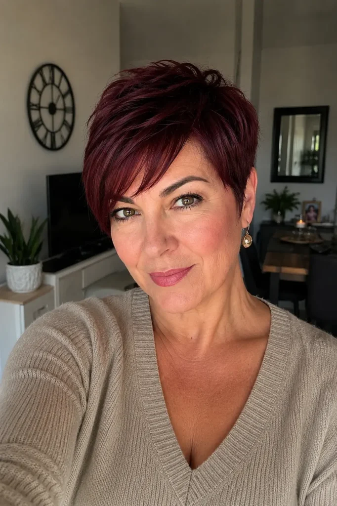woman over 40 with a dark cherry burgundy pixie haircut featuring sleek layered texture. She is indoors in a stylish modern apartment with soft natural daylight