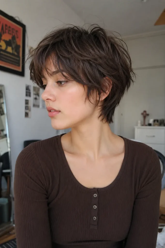 Young woman with a feathered brunette pixie haircut featuring wispy textured layers and soft crown volume, photographed in natural indoor daylight