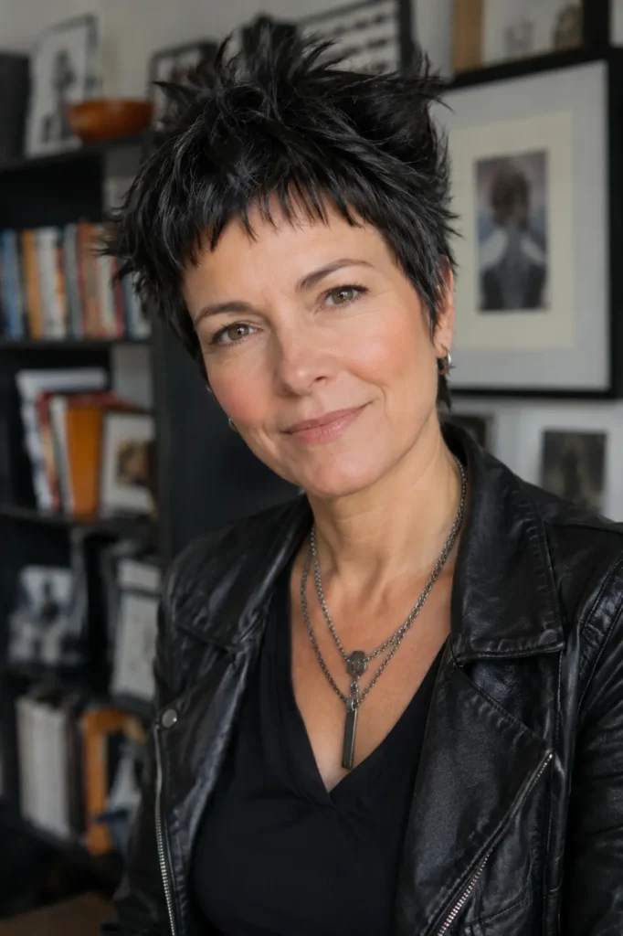 a confident woman over 40 with a choppy black pixie haircut and short micro bangs. Her hair is styled in textured, messy layers