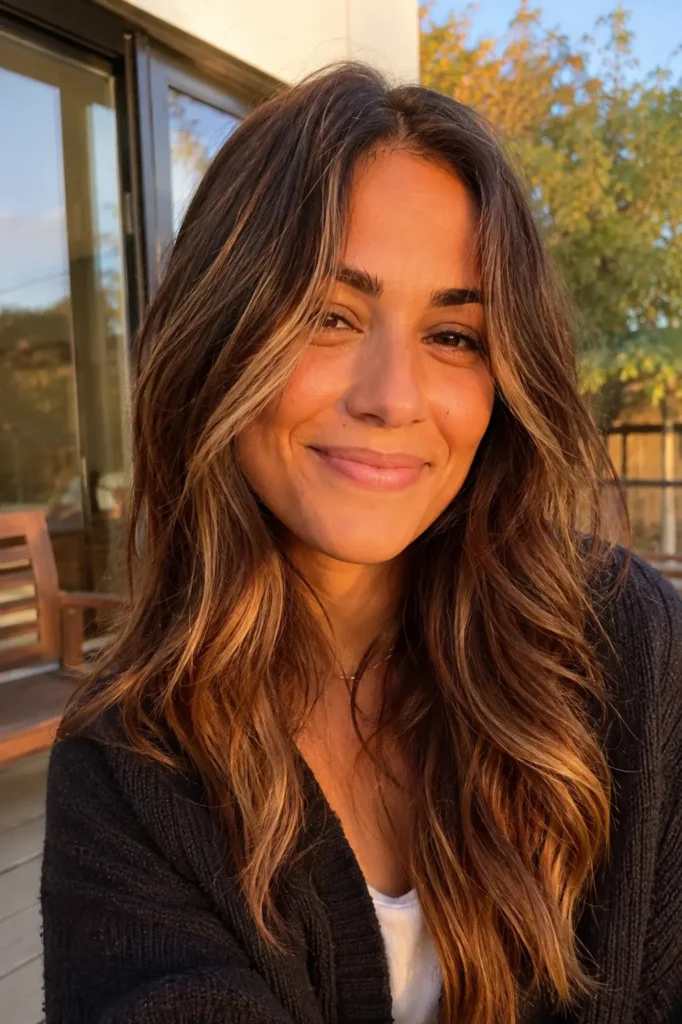 Young woman with long layered hair and face-framing blonde highlights, smiling naturally in warm golden-hour sunlight