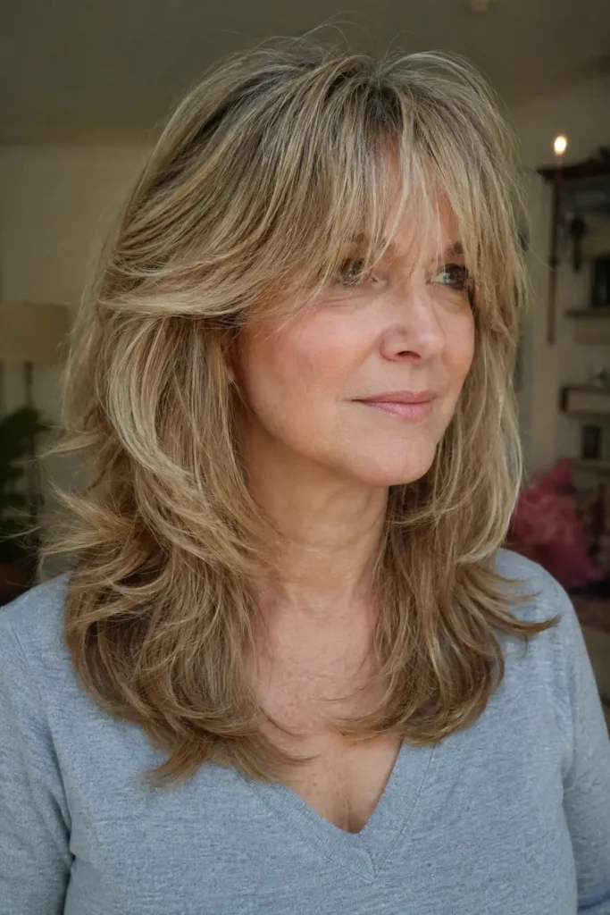 a woman around 50–60 years old with a layered shag haircut and wispy bangs, featuring natural facial details and realistic skin texture.