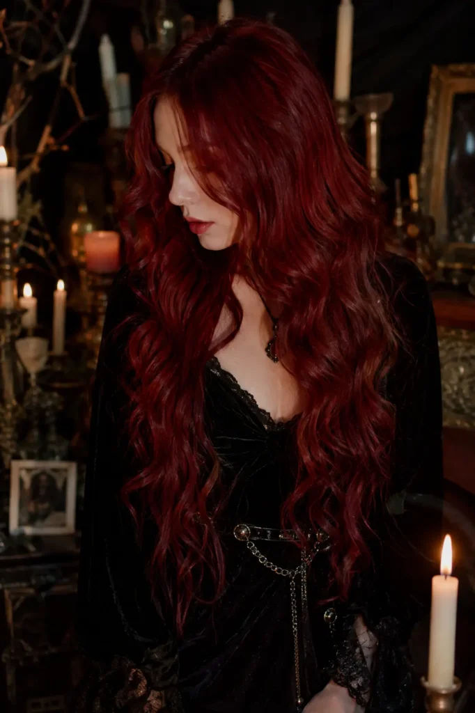 Real young girl with long crimson red wavy hair wearing a black velvet witch-inspired outfit in a dark candlelit room, featuring a mystical gothic aesthetic and photorealistic hairstyle detail.