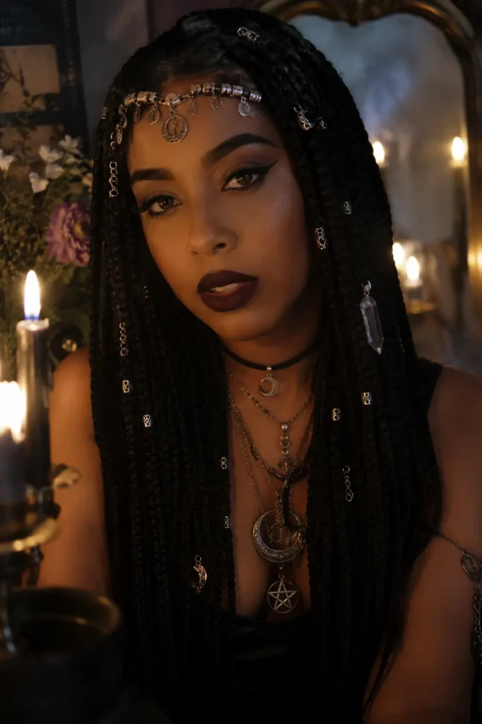 Young woman with long dark box braids adorned with silver accessories, wearing dramatic witch-inspired makeup and layered mystical jewelry in a candlelit fantasy setting with a moody magical atmosphere.