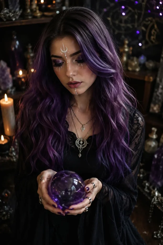 young girl with long loose purple wavy hair and dark roots, wearing silver jewelry and dark witch-inspired makeup in a moody magical setting with candlelit fantasy atmosphere and photorealistic gothic aesthetic.