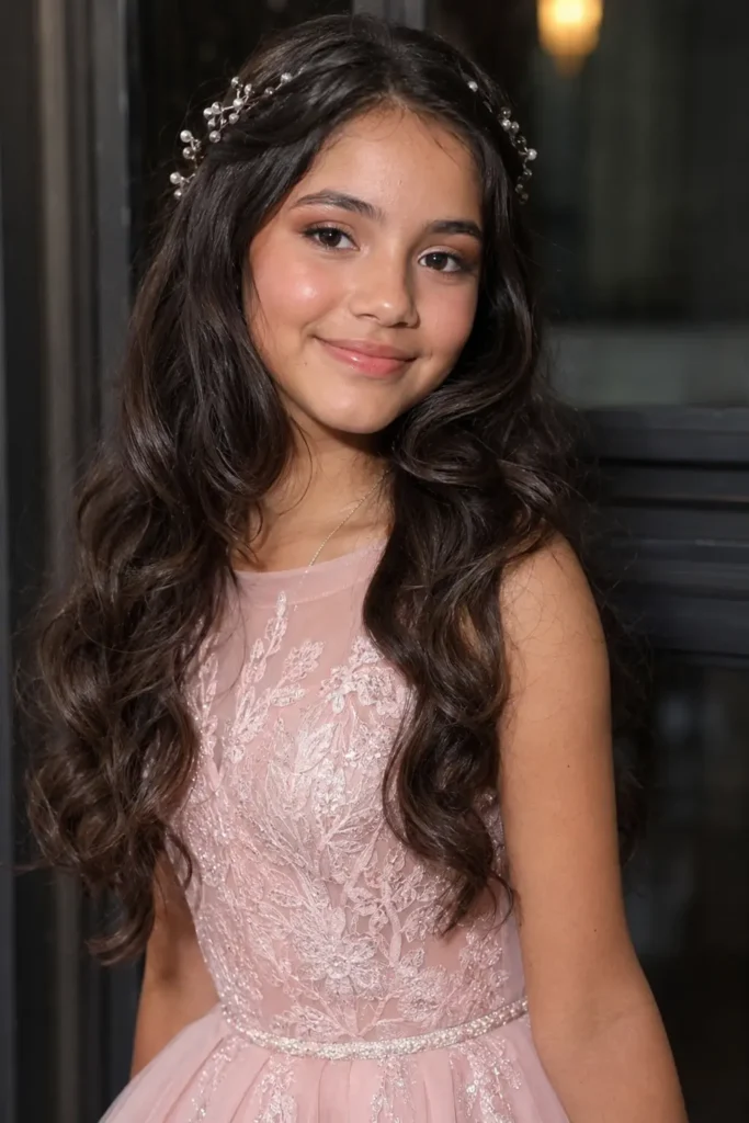 Real teenage girl around 13–14 years old with long loose mermaid waves cascading over her shoulders, adorned with delicate glitter hair accessories. She wears a blush pink formal dress with intricate lace details and soft glam makeup