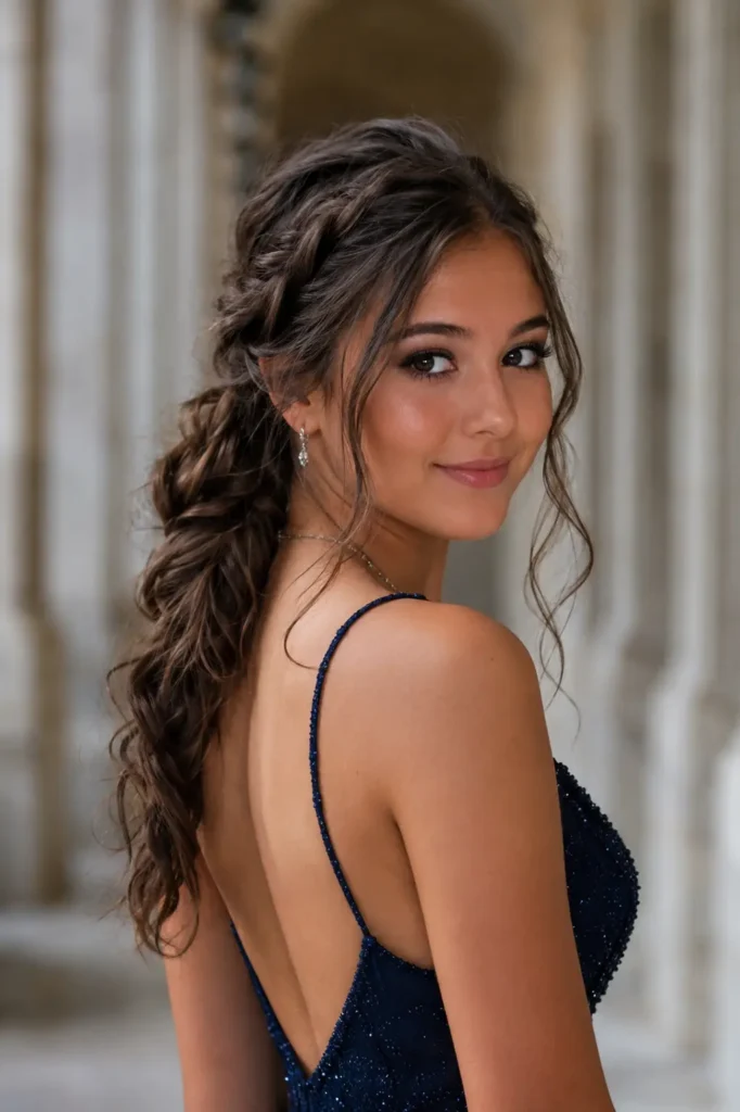 eenage girl with a side braid ponytail and loose textured waves, wearing an elegant formal dress. The portrait highlights the intricate braid detail and flowing wave movement,