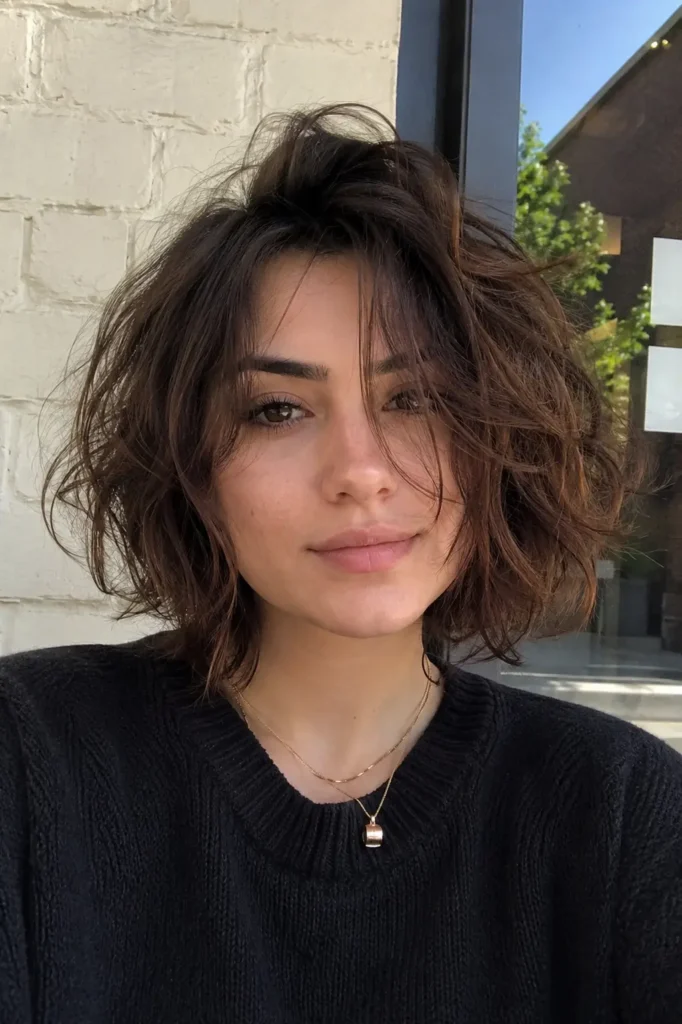 Young woman with a messy layered bob haircut featuring tousled texture and natural volume, photographed outdoors in daylight. Her dark brown layered hair frames her face with soft movement