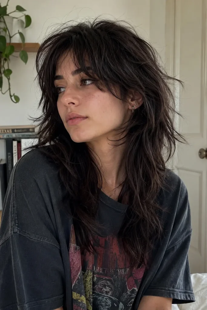 girl with a messy textured wolf cut hairstyle featuring tousled layered dark hair and shaggy bangs, styled with natural movement and volume.