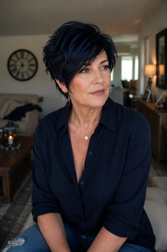 Photorealistic vertical portrait of a mature woman over 40 with a midnight blue layered pixie haircut featuring sleek textured movement and deep blue-black shine. She is seated in a modern indoor living space wearing a stylish dark navy casual outfit