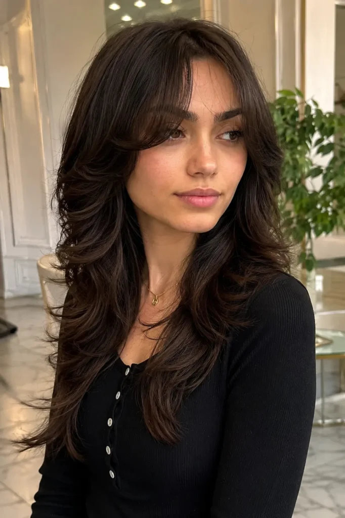 young woman with a modern glam wolf cut hairstyle featuring glossy feathered layers and soft voluminous curls