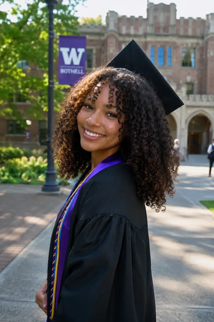 A real young woman with natural textured curls wearing a graduation cap and gown on a university campus, smiling candidly