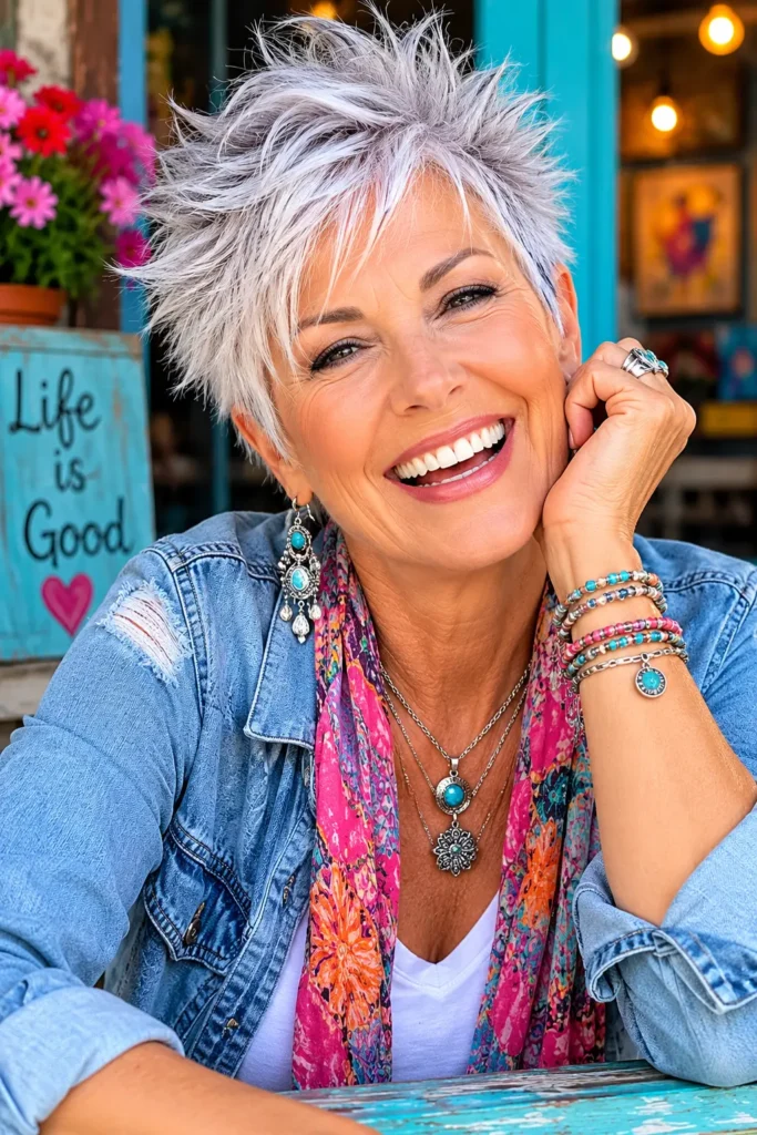 A joyful woman in her mid-60s with a fun spiky silver-white pixie haircut smiles broadly while sitting in a colorful indoor setting. She wears a black top and vibrant accessories, with a lively background featuring bright décor and warm lighting