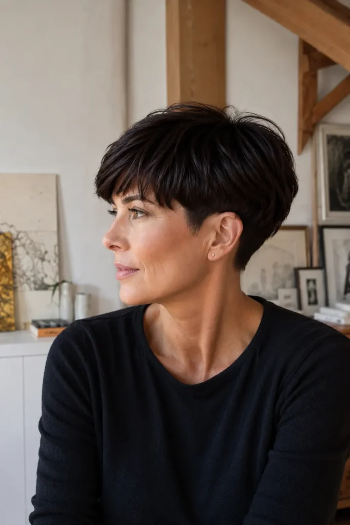 woman over 40 with a pixie bowl cut fusion hairstyle featuring a rounded crown shape and textured cropped layers. Her sleek dark espresso hair is highlighted in natural indoor daylight