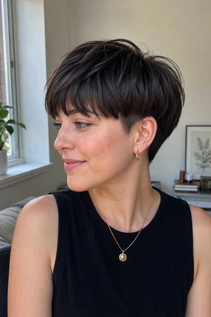 a young white woman with a pixie bowl cut fusion hairstyle featuring a rounded crown and textured layers.