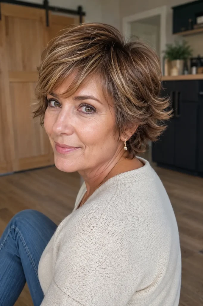 a woman over 40 with a short pixie haircut featuring flipped-out feathered layers and soft caramel highlights. She sits casually in a cozy modern home, wearing a cream knit sweater and jeans.