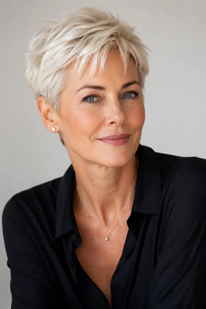 Confident woman in her mid-50s with a platinum blonde pixie cut and icy textured layers, wearing elegant minimalist jewelry and a black blouse, posing in soft studio lighting against a neutral gray background.