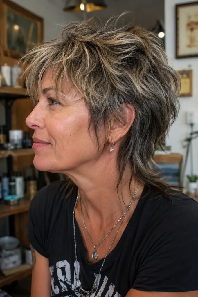woman over 40 with a razor-cut pixie mullet hairstyle featuring feathered layers, choppy texture, and a longer tapered back