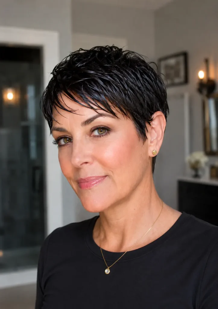 a confident woman over 40 with a sleek wet-look pixie haircut in dark brunette tones. She wears a modest black crew-neck shirt and subtle gold jewelry