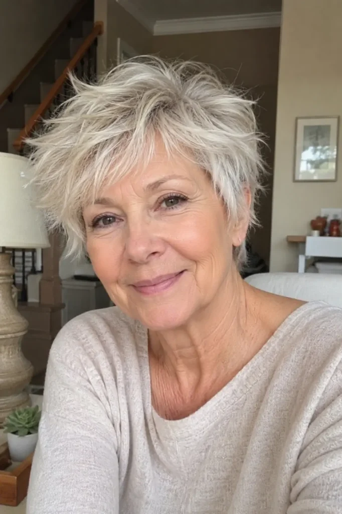 A real woman in her early 60s with a soft wispy pixie haircut featuring feathered pale blonde and silver layers smiles gently indoors. She wears a cozy light beige sweater in a warm home setting with soft natural lighting,
