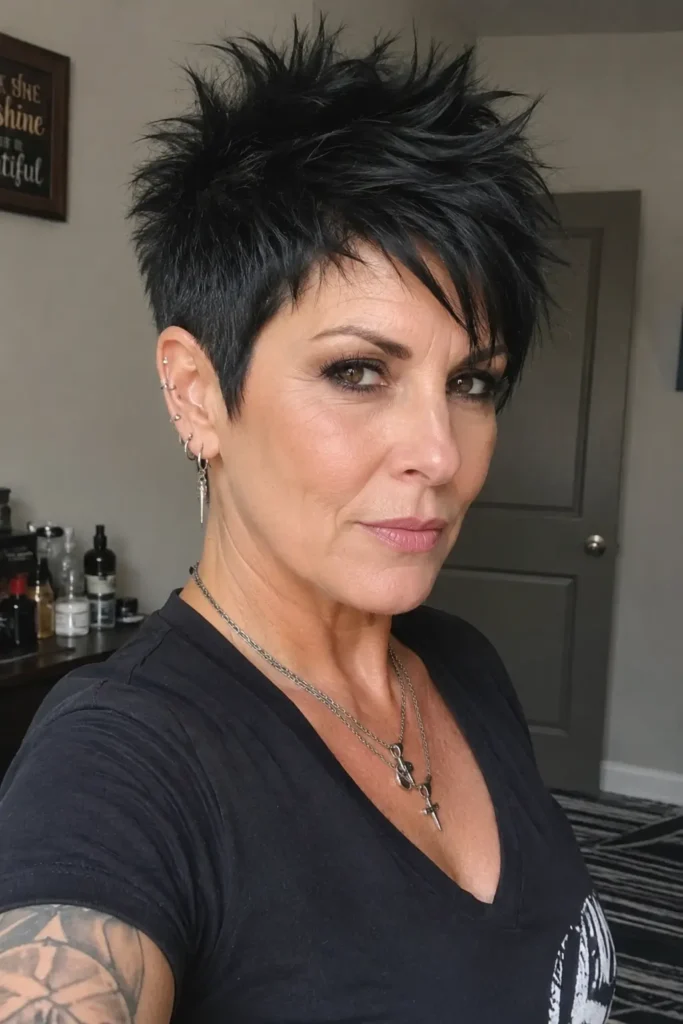 a confident woman over 40 with a spiky black pixie haircut featuring textured crown spikes and edgy punk-inspired styling