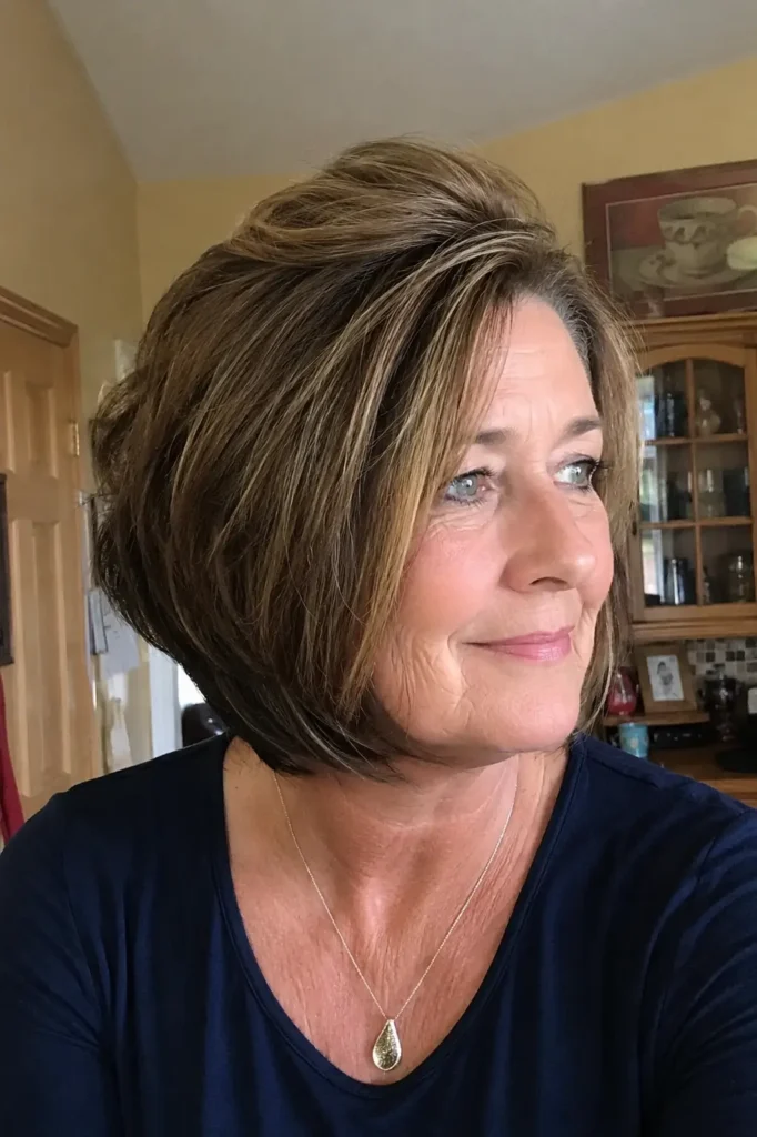woman around 50–60 years old with a stacked bob hairstyle featuring a lifted crown and soft layered volume.