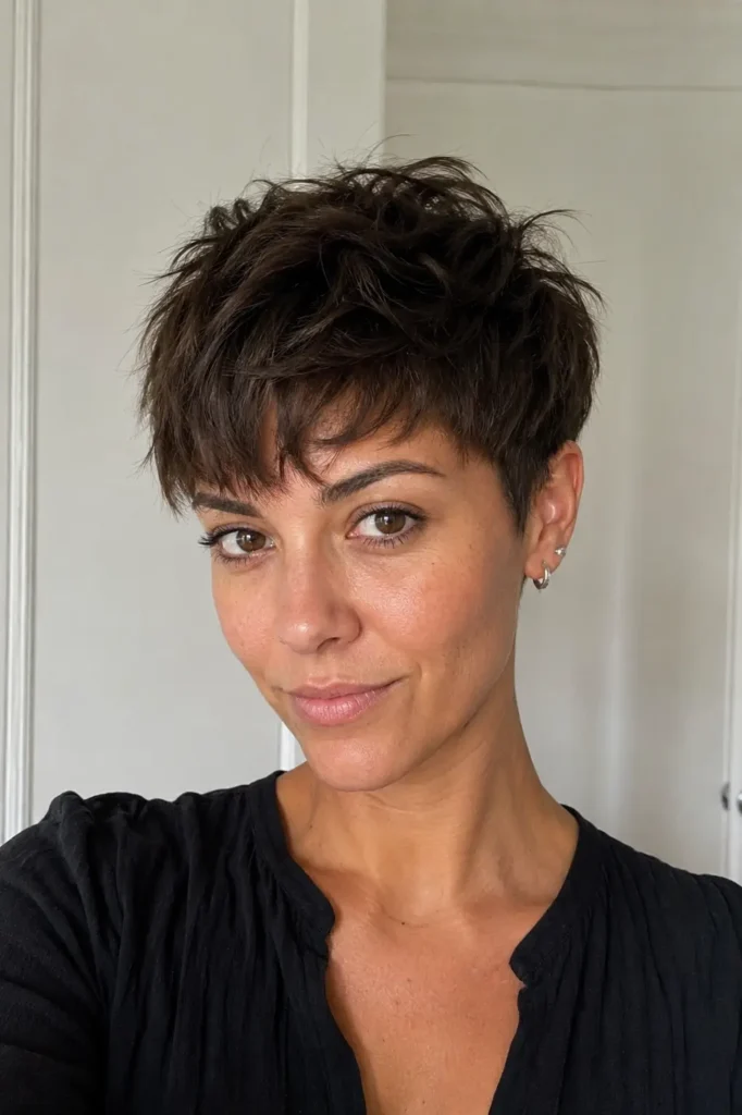 woman with a textured layered pixie haircut, featuring short choppy layers and natural volume. She has realistic skin texture, authentic facial features, and a confident