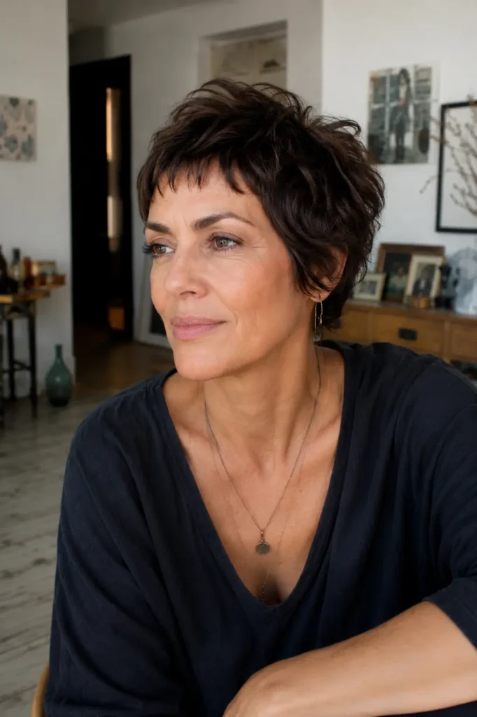 woman over 40 with a textured brunette pixie haircut and short baby bangs, featuring soft layered movement and natural tones