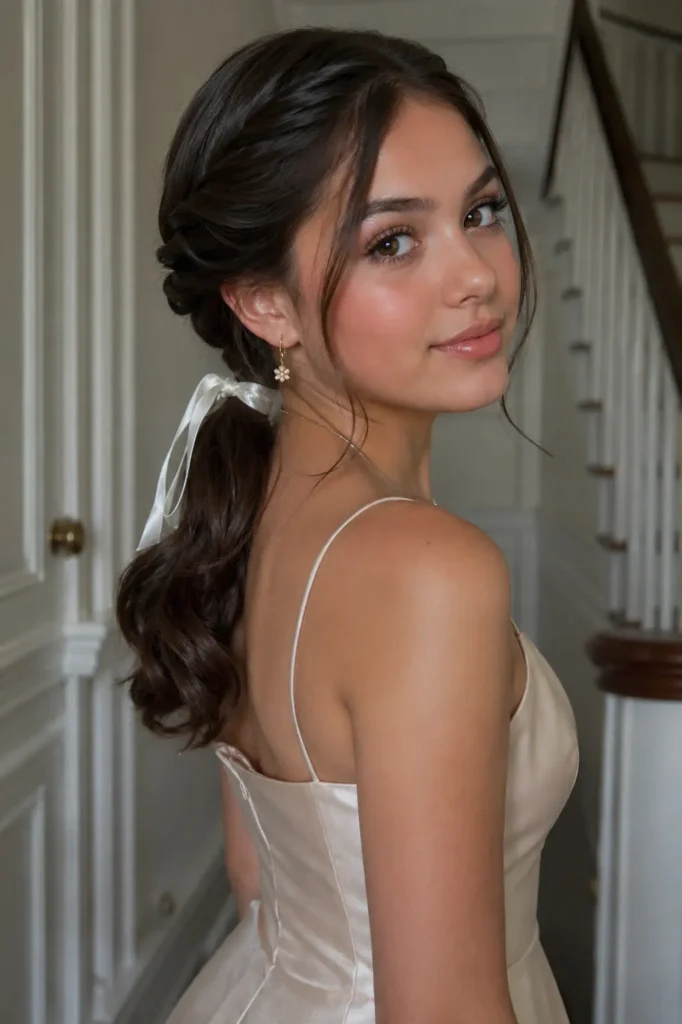 Real teenage girl in a formal satin dress with a twisted low ponytail secured by a satin ribbon, featuring soft face-framing strands, realistic skin texture, natural facial features, and elegant soft glam makeup