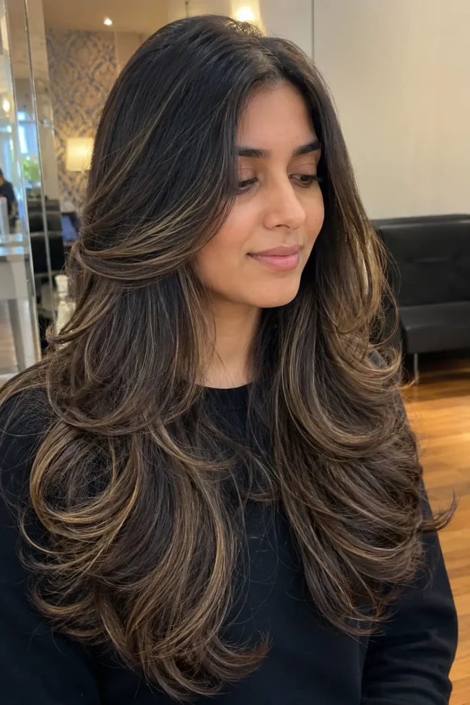 woman with voluminous blowout layered hair featuring soft, bouncy layers and subtle highlights. Her hair has noticeable movement, shine, and fullness, framing her face beautifully. She has natural-looking skin texture, authentic facial features, and a gentle expression