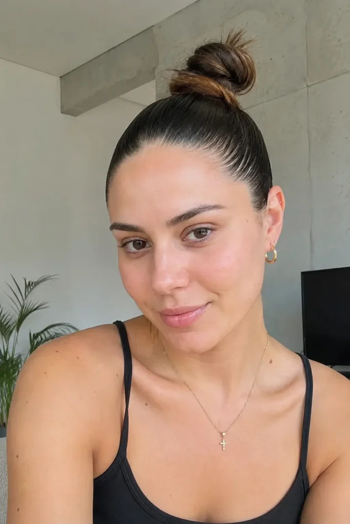 a young woman with sleek dark hair styled in a glossy front top knot bun. She has natural facial features, minimal makeup, and a soft expression, wearing a black tank top and delicate gold jewelry