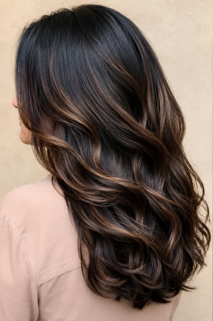 English woman with long, silky black hair enhanced by soft hazelnut brown highlights, photographed in bright natural daylight against a neutral beige background. Her glossy, thick hair fills most of the frame, showcasing healthy texture and dimensional shine, while she wears a nude shade shirt in a DSLR-quality portrait.