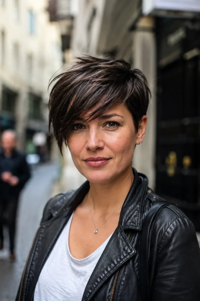 woman with a layered pixie haircut and long side-swept bangs in dark brown hair, standing in an urban street setting. She wears a stylish casual outfit with a black leather jacket and white top. The portrait highlights realistic skin texture, natural facial features